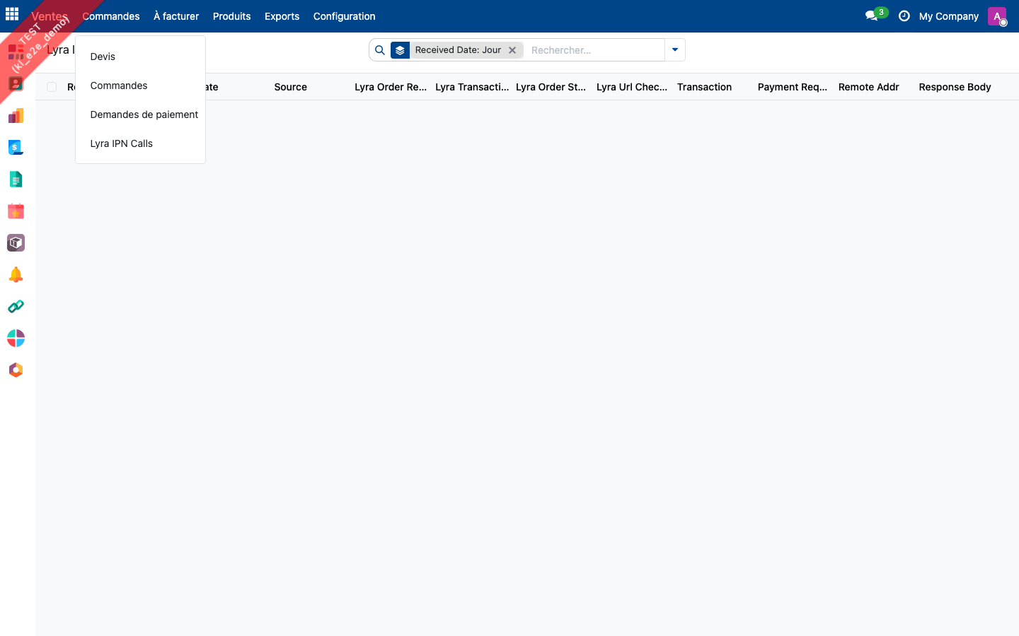 Menu Commandes d'un compte Admin KL et journal des appels Lyra