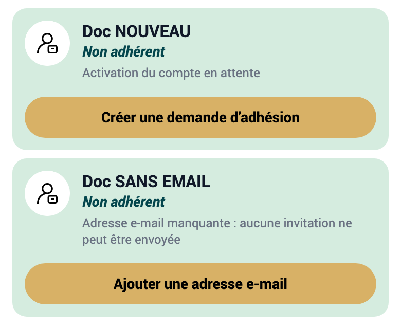 Cartes d'un compte en attente d'activation et d'un contact sans adresse e-mail