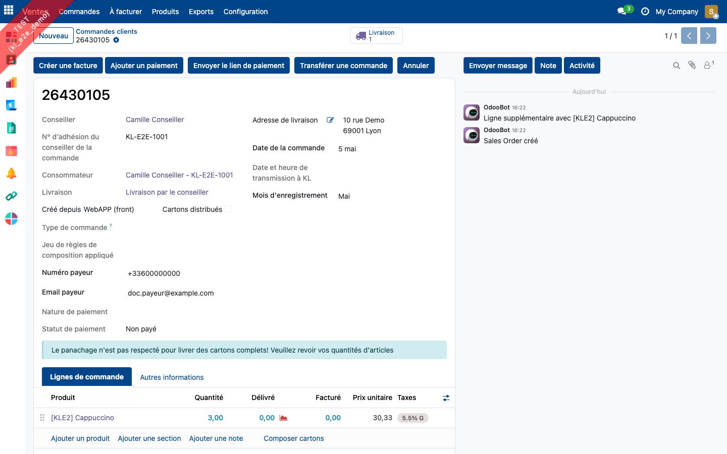 Fiche d'une commande non payée, avec le payeur saisi dans l'application