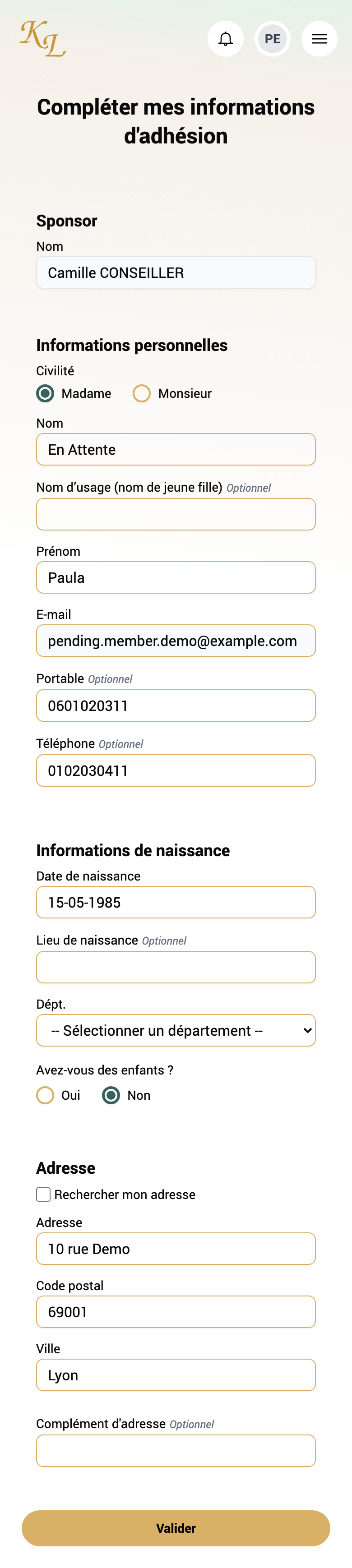 Compléter mes informations d'adhésion