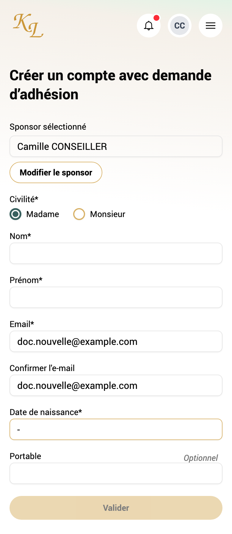 Créer un compte avec demande d'adhésion