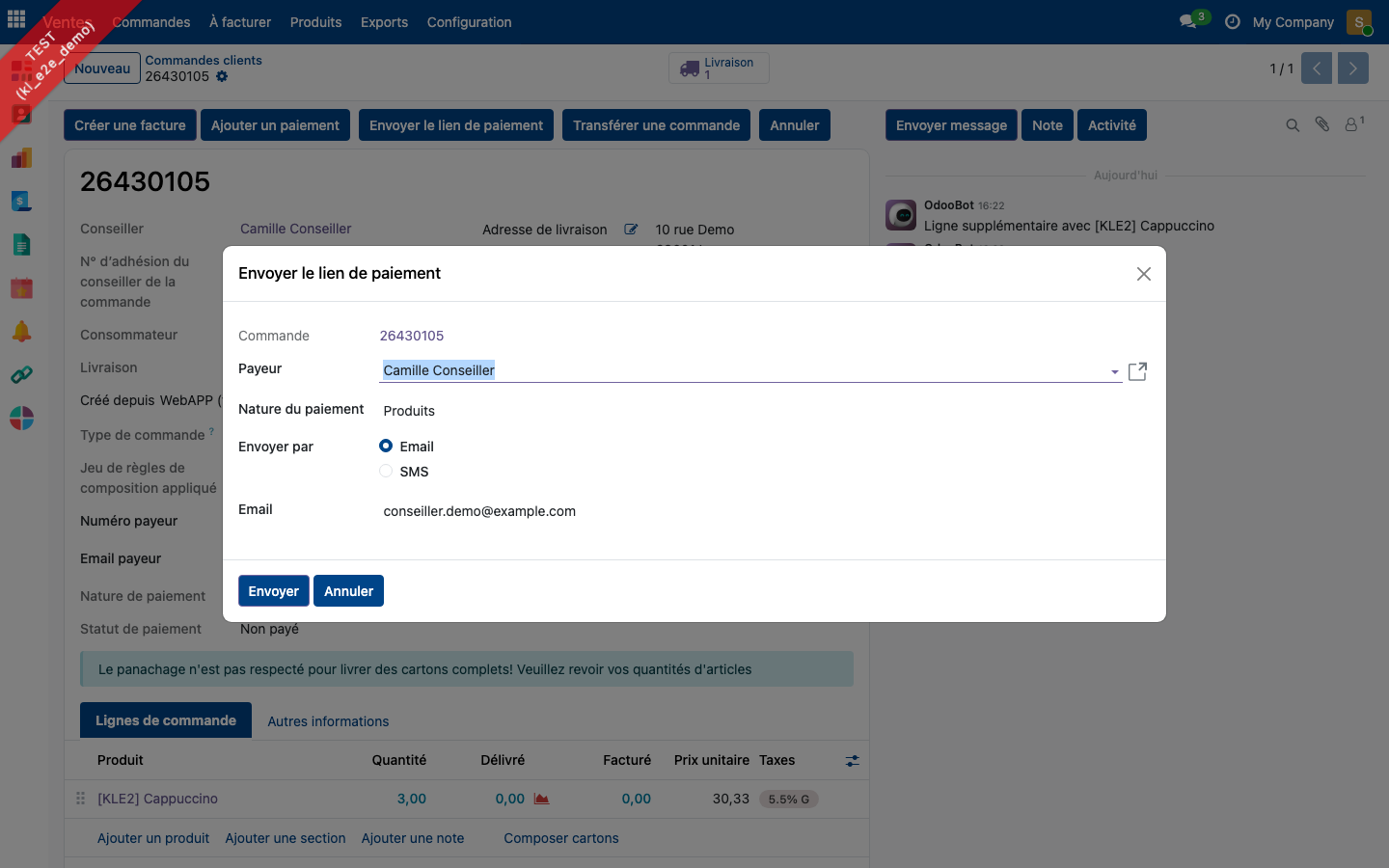 Fenêtre Envoyer le lien de paiement
