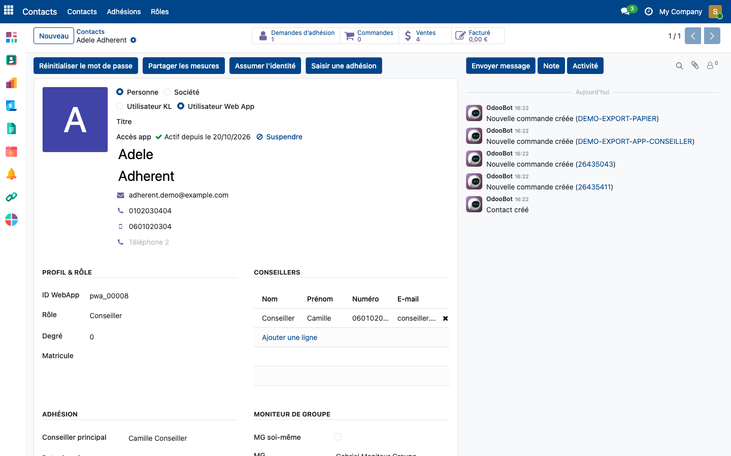 Fiche d'un contact adhérent