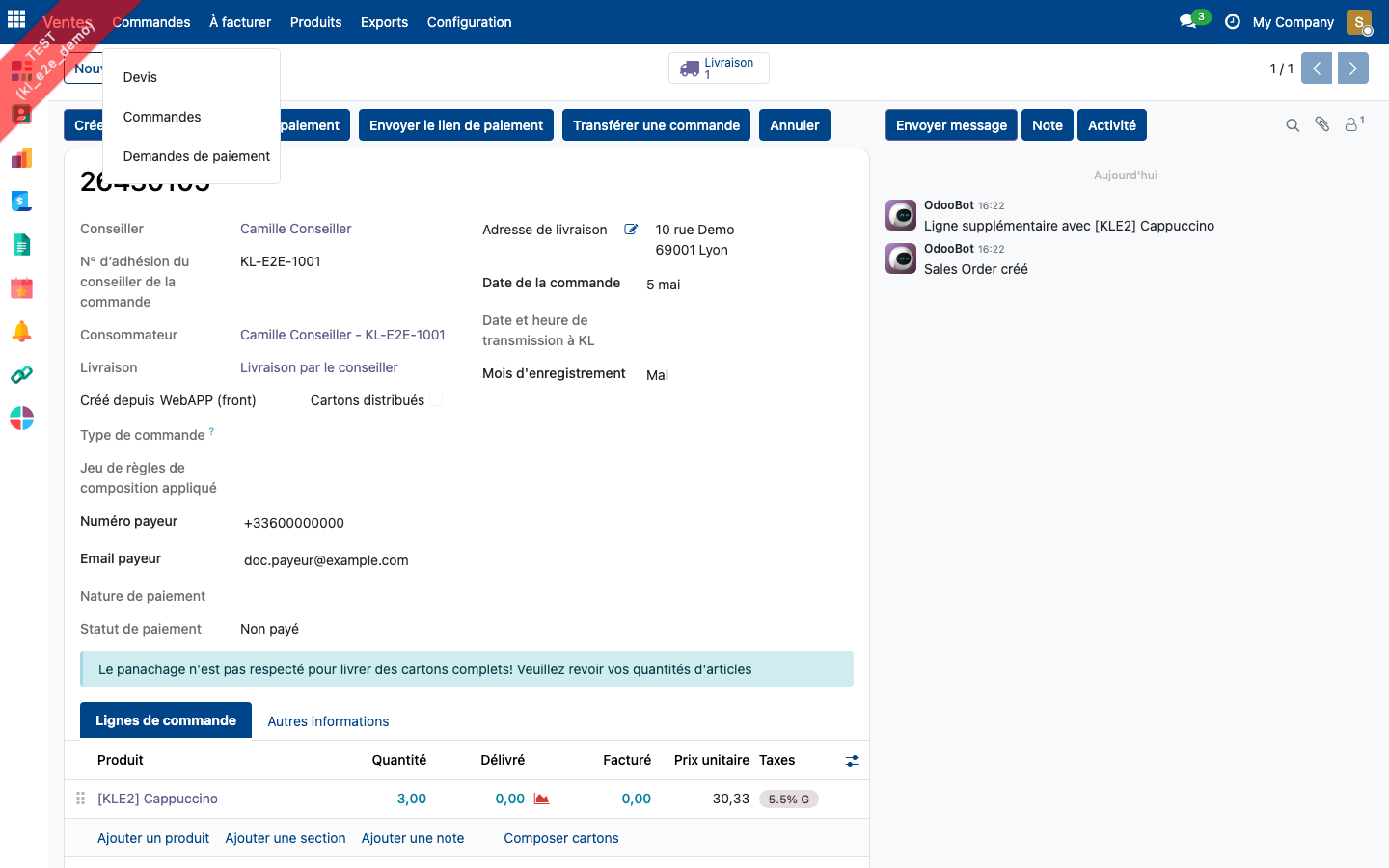 Menu Commandes et son entrée Demandes de paiement