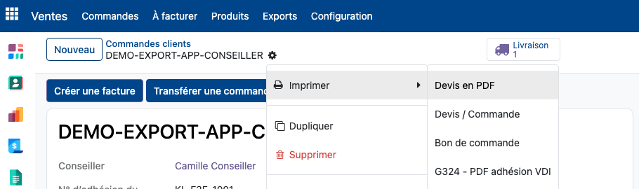 Menu Imprimer d'une commande