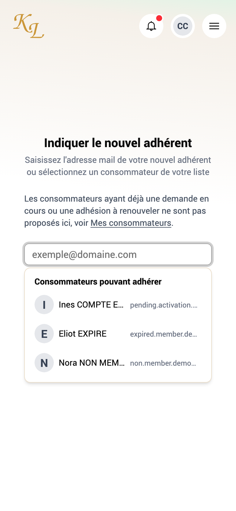 Indiquer le nouvel adhérent