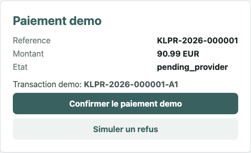 Page Paiement demo d'un environnement de test